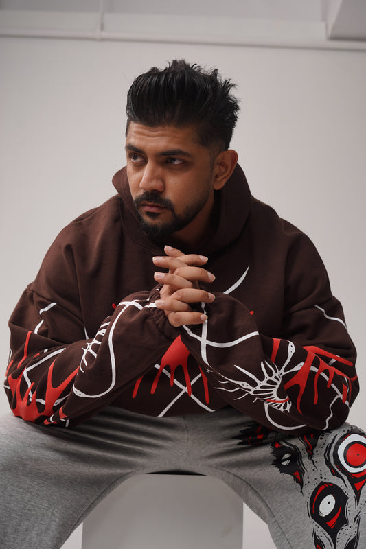 Brown Oversized Graphic Hoodie – Crimson Veins by AstroEyee
